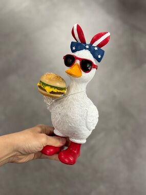 Patriotic Duck Figurine Holding Burger - Red, White & Blue
